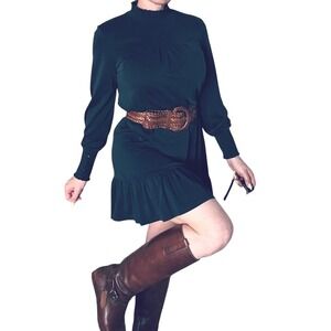 Kensie Women Smocked Mock Neck Long Sleeve Ruffle Hem Mini Dress Size M